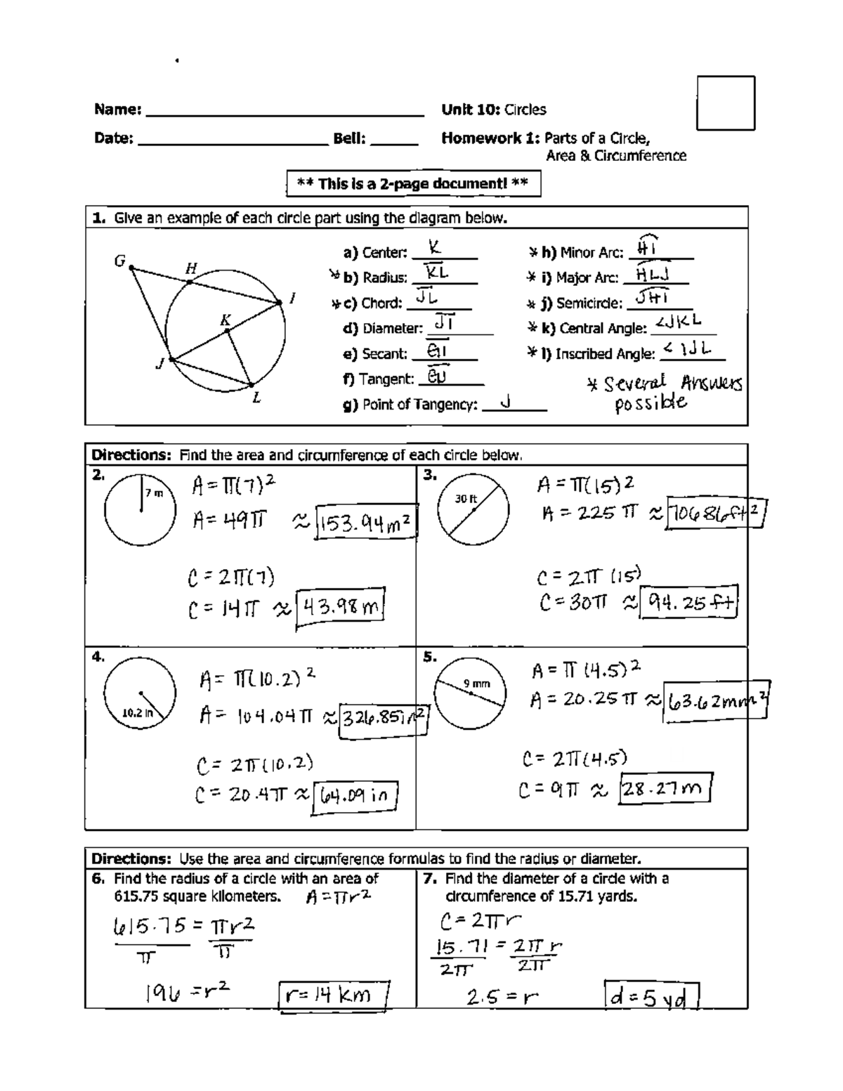 geometry unit 10 circles homework 1