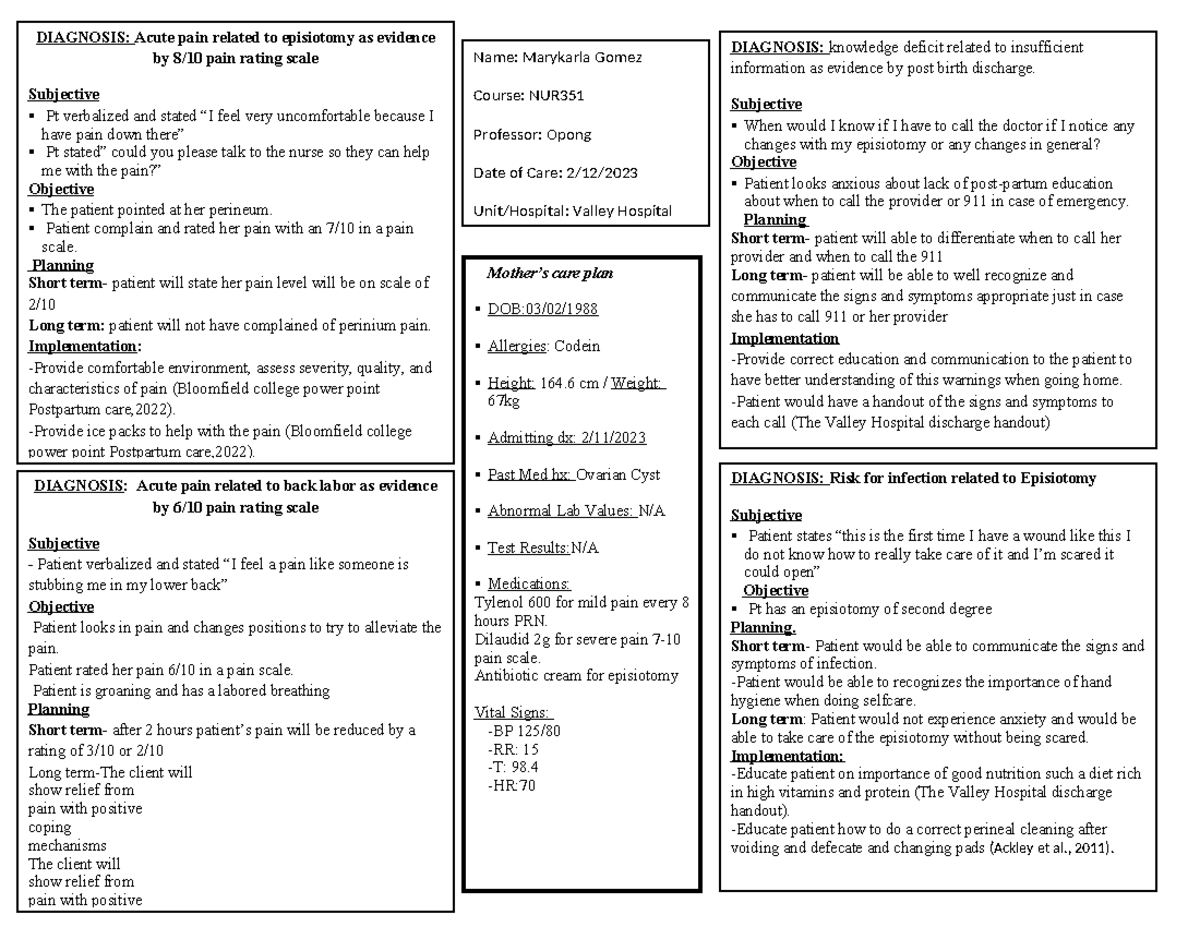 Careplan OB 2 - health assessment - DIAGNOSIS: Risk for infection ...