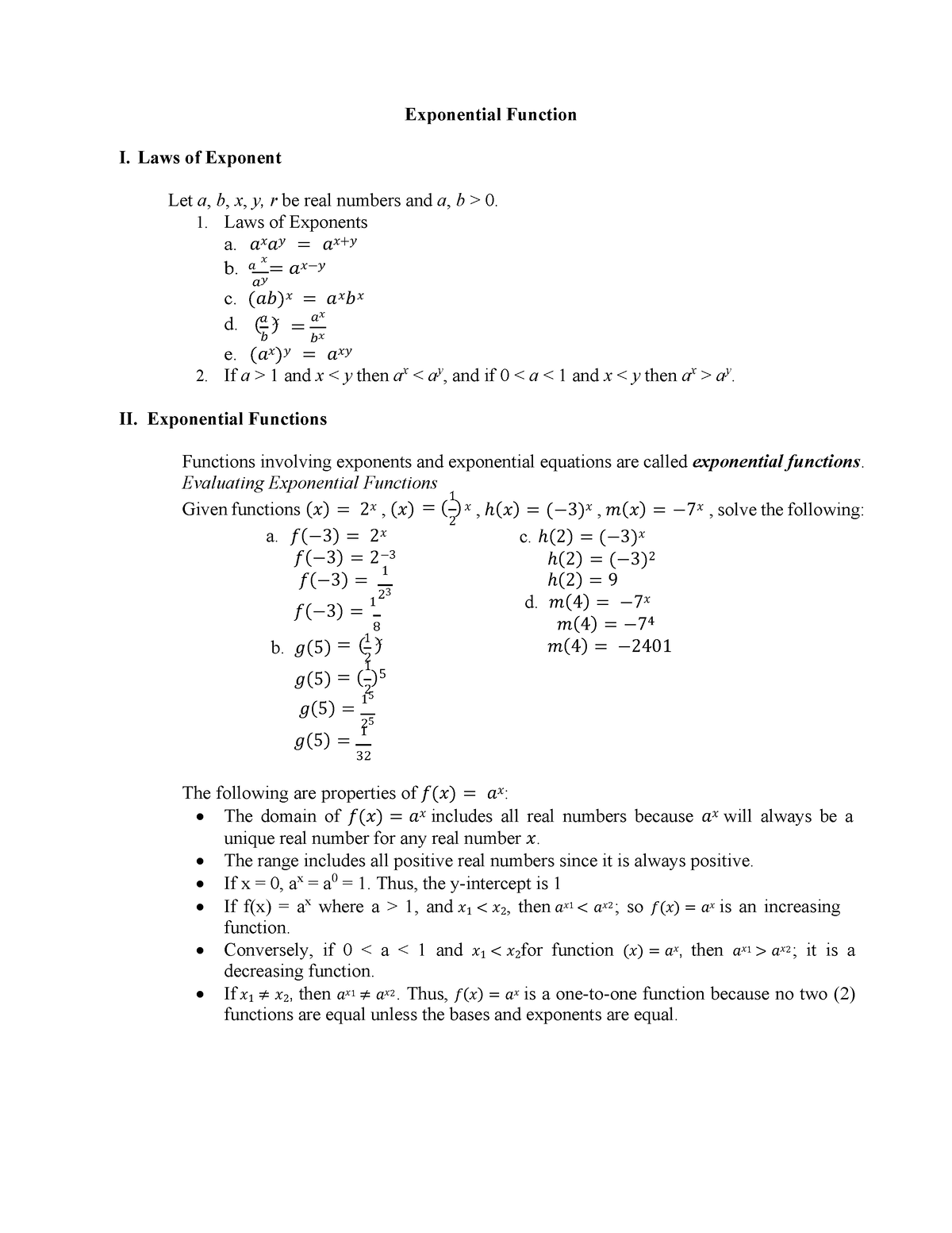 Exponential Function - Gen Math - 𝑎 1 𝑥 Exponential Function I. Laws of ...