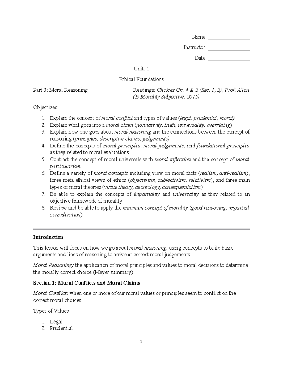 Unit 1, Part 3 - Moral Reasoning (Notes) - Name ...