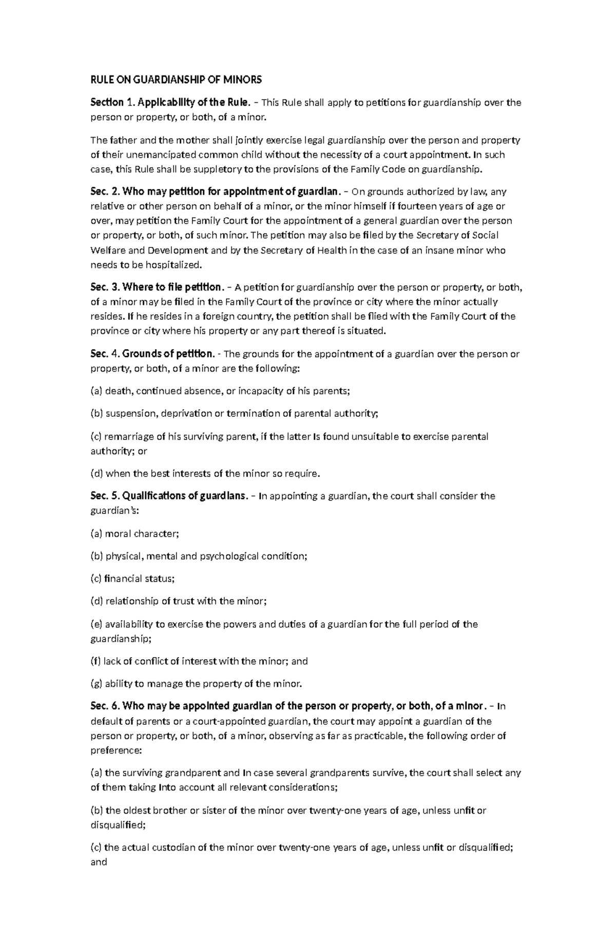 RULE ON Guardianship OF Minors - RULE ON GUARDIANSHIP OF MINORS Section ...