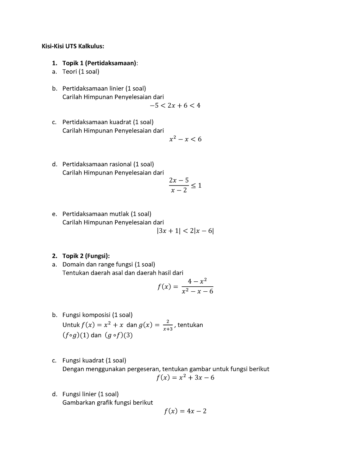 Soal Latihan UTS Kalkulus - Kisi-Kisi UTS Kalkulus: Topik 1 ...