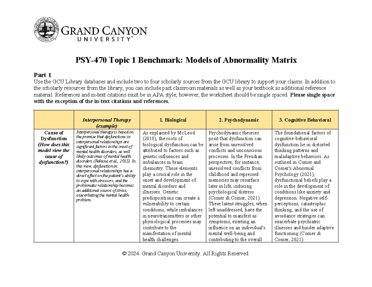 PSY470 Modelsof Abnormality Matrix Assignment Finished - PSY-470 Topic ...