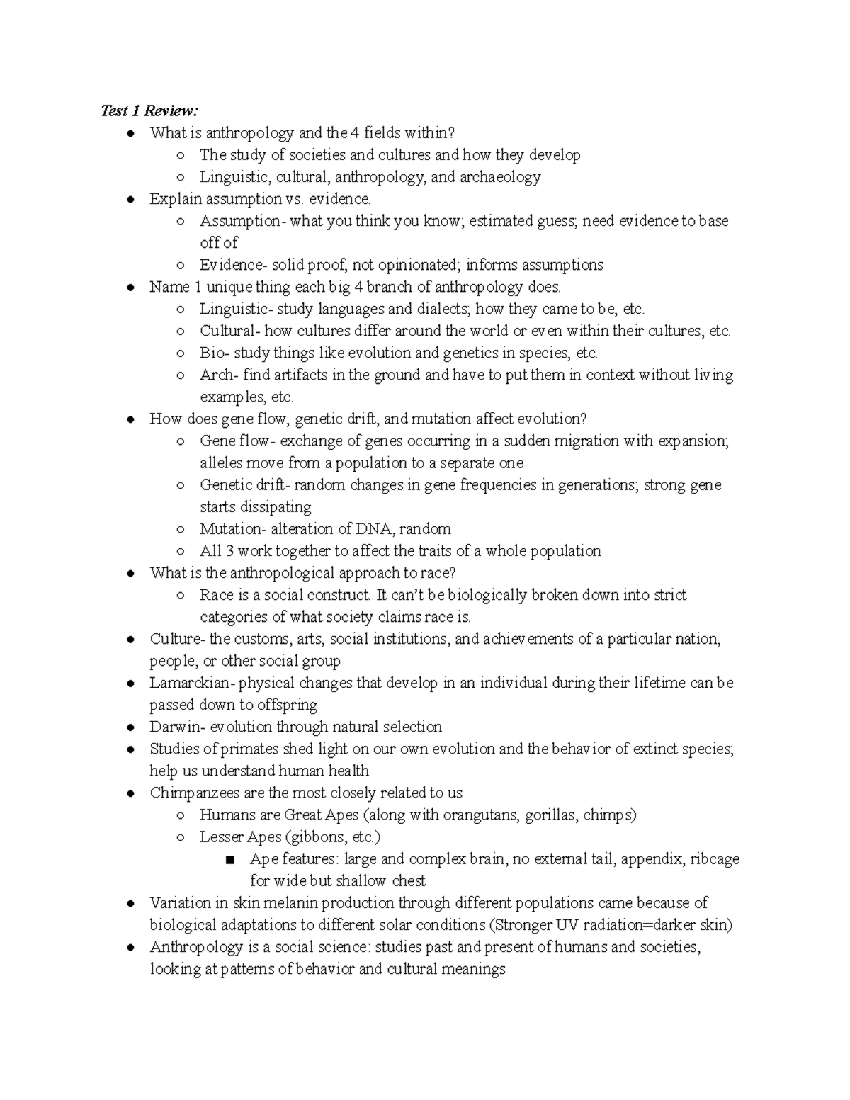 ANTH 1010- Unit 1 Test Review - Test 1 Review: What Is Anthropology And ...