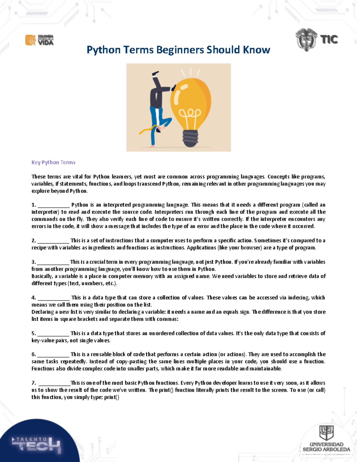 W1 C2 Student Worksheet - Python Terms Beginners Should Know Key Python ...