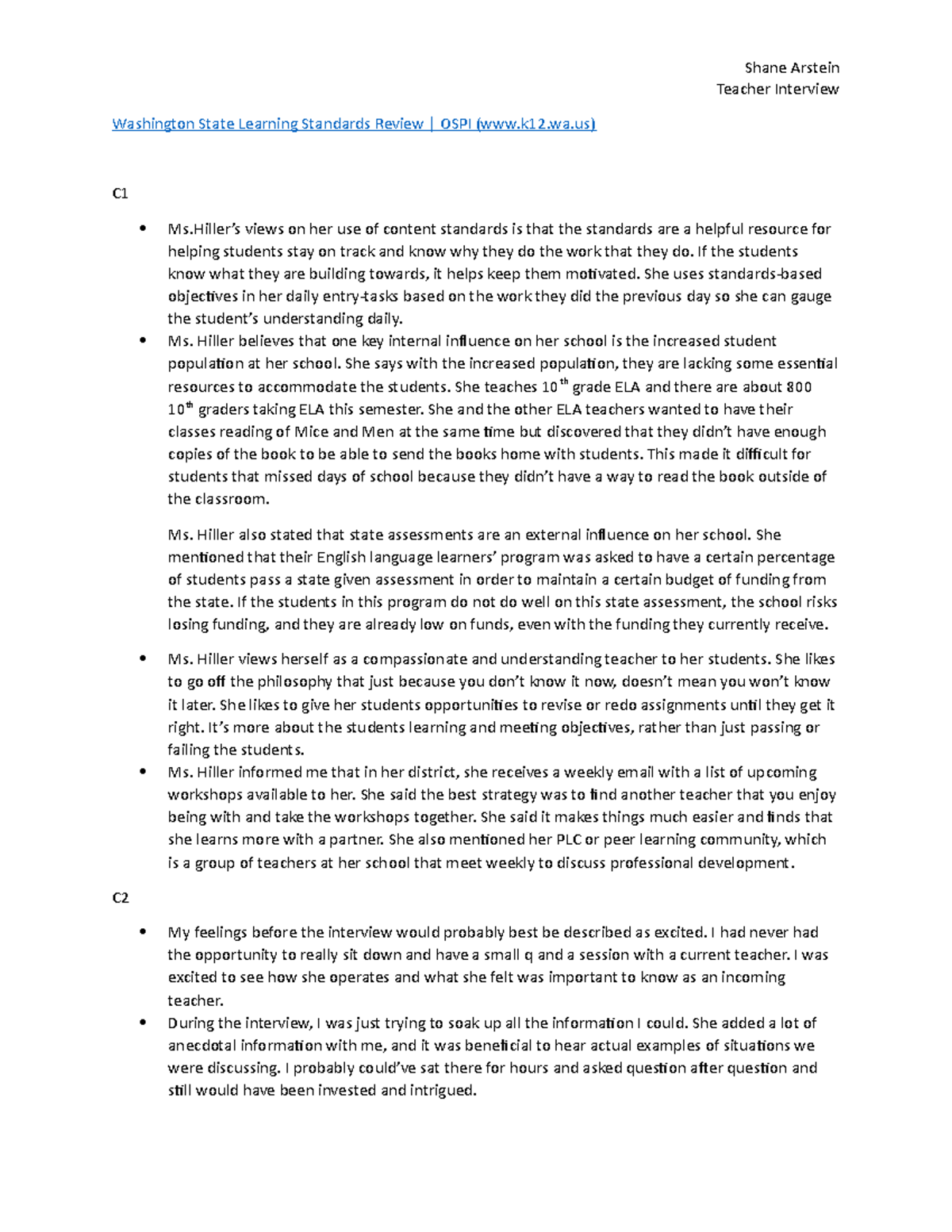 Washington State Learning Standards Review - Shane Arstein Teacher ...
