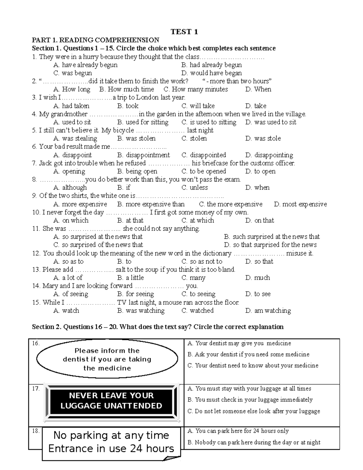 Test 1 - Hướng dẫn - TEST 1 PART 1. READING COMPREHENSION Section 1 ...
