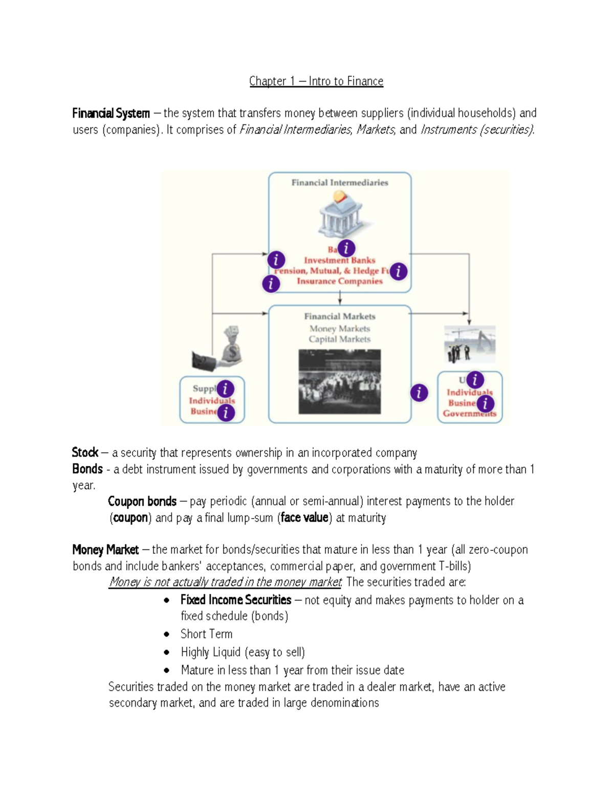 BU283 Notes - Chapter 1 – Intro to Finance Financial System – the ...