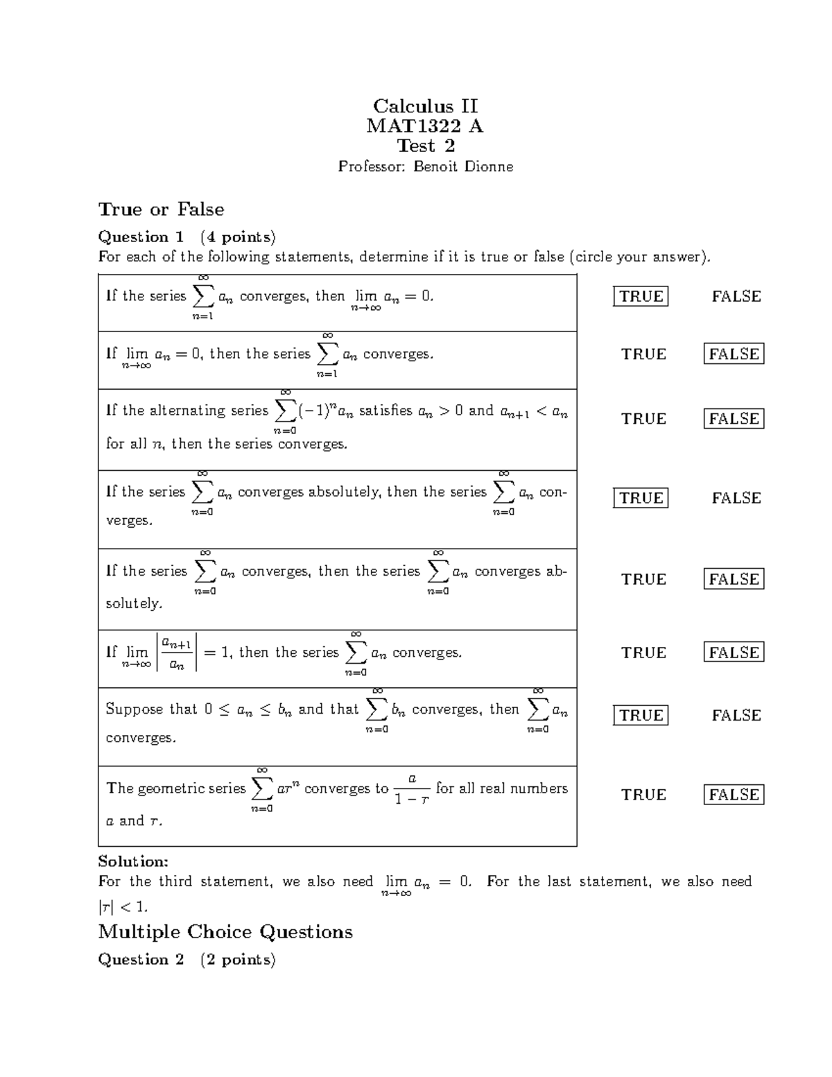 Test2 - test - Calculus II MAT1322 A Test 2 Professor: Benoit Dionne ...