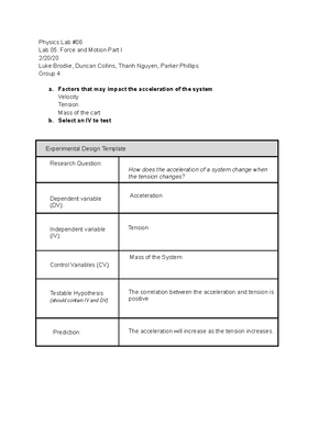 Lab 06 Records - Post lab report - Physics Lab # Lab 06: Force and ...