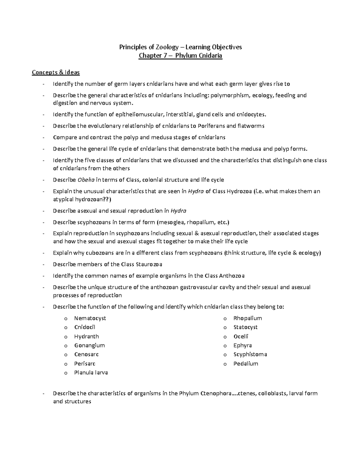 Phylum Cnidaria Learning Objectives (Ch 7) - Principles of Zoology ...