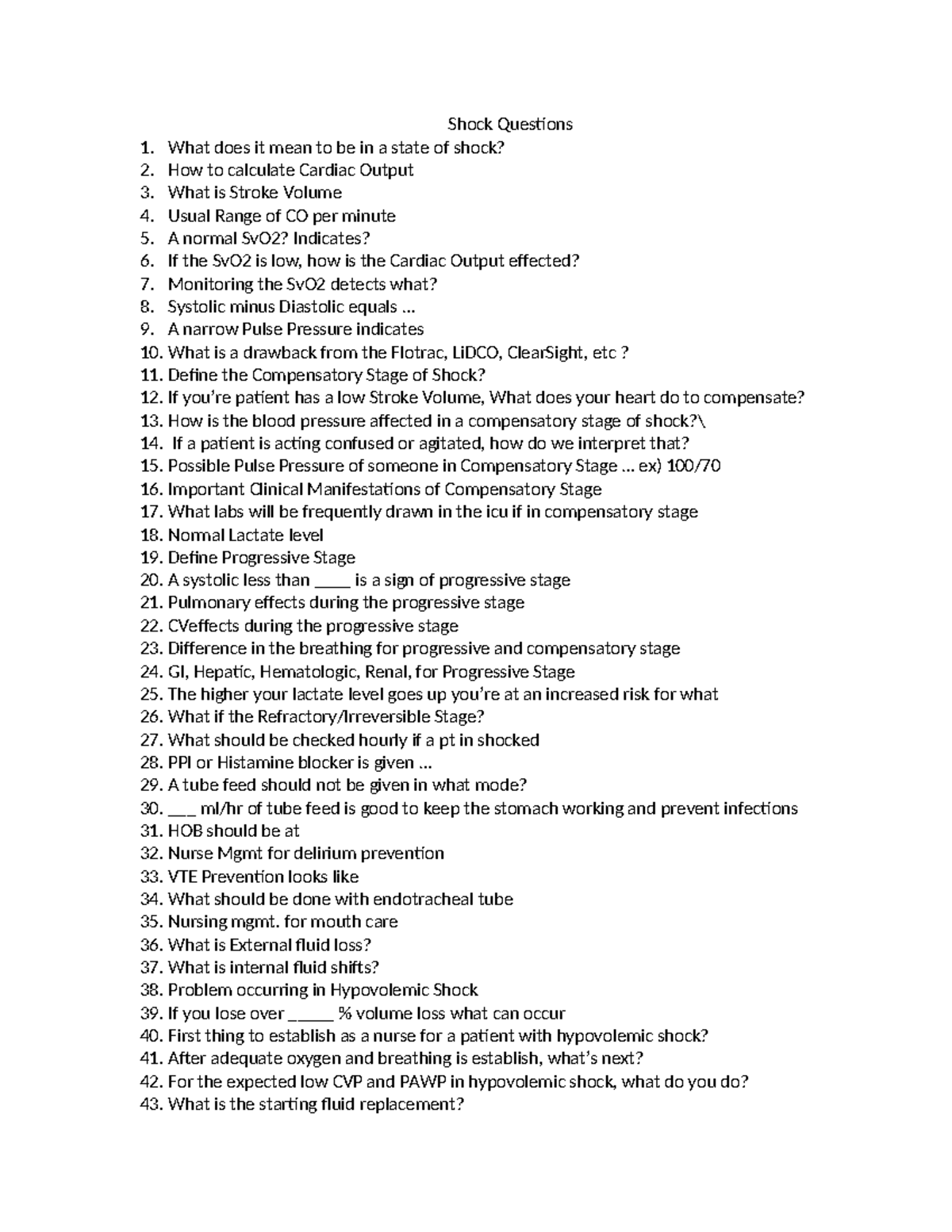 Shock Questions Practice problems from class notes Shock Questions