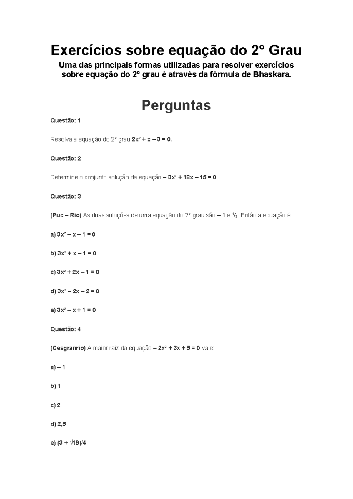 Exercícios sobre equação do 2º grau - Exercícios sobre equação do 2 ...
