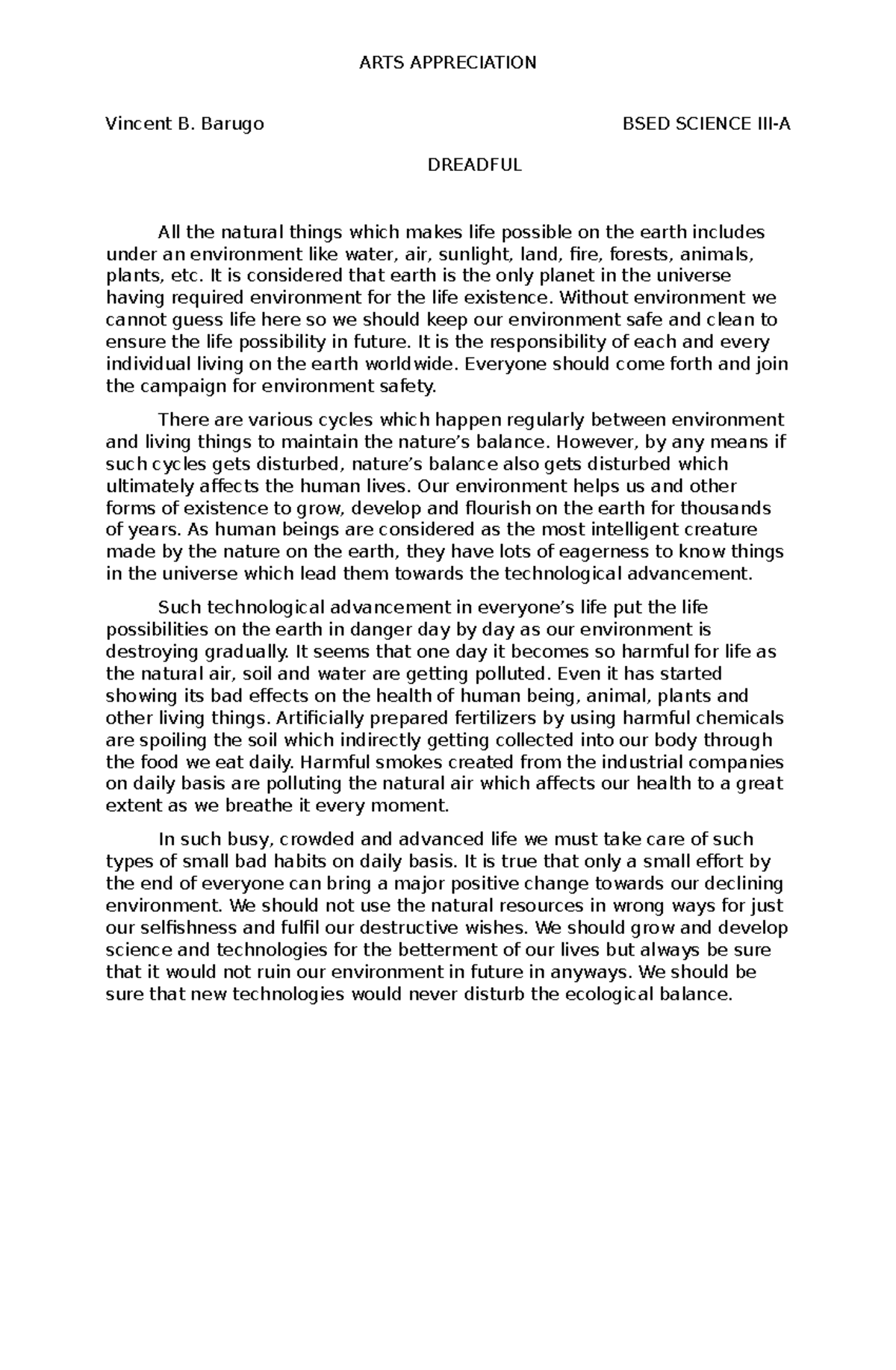 1 Dreadful Reaction Paper ARTS APPRECIATION Vincent B. Barugo BSED