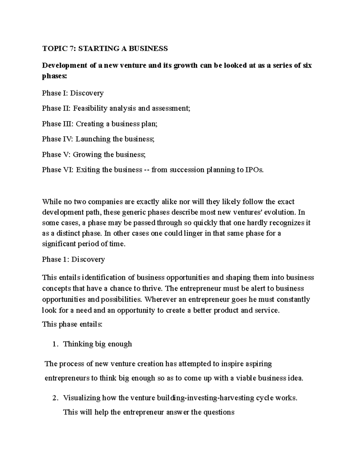 Topic 7 Starting A Business TOPIC 7 STARTING A BUSINESS Development of a new venture and its