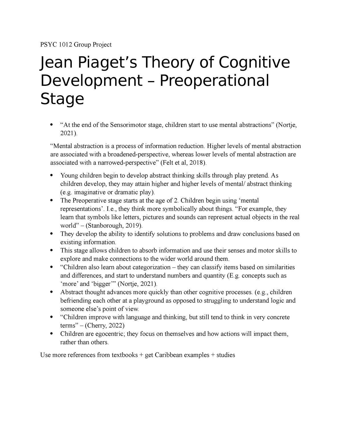 PSYC 1012 Latest PSYC 1012 Group Project Jean Piaget s Theory of