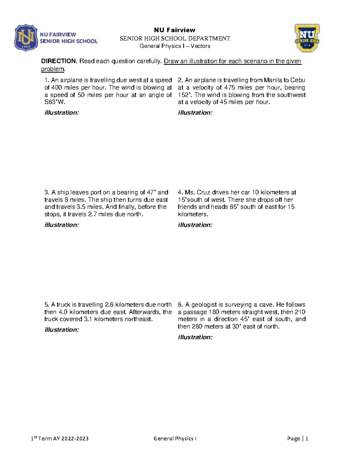 General Physics I Practice Set 2 Vectors Nu Fairview Senior High