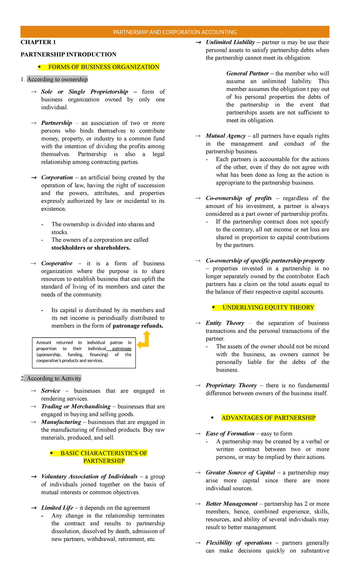 Parcor - notes - CHAPTER 1 PARTNERSHIP INTRODUCTION FORMS OF BUSINESS ...