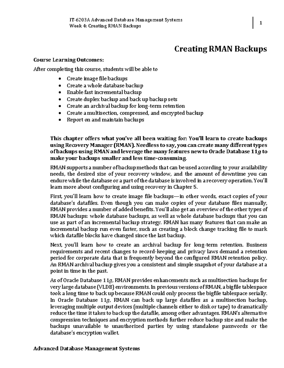 W4 - Creating RMAN Backups Module - IT-6203A Advanced Database ...