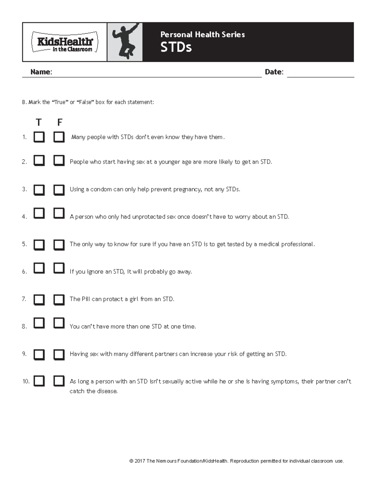 Stds - boop - Name: Date: STDs B. Mark the “True” or “False” box for ...
