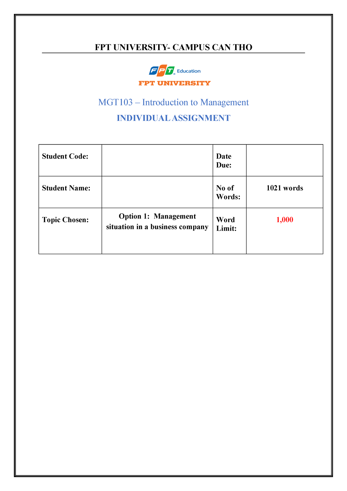 Individual Assigment MGT 103 - FPT UNIVERSITY- CAMPUS CAN THO MGT103 ...