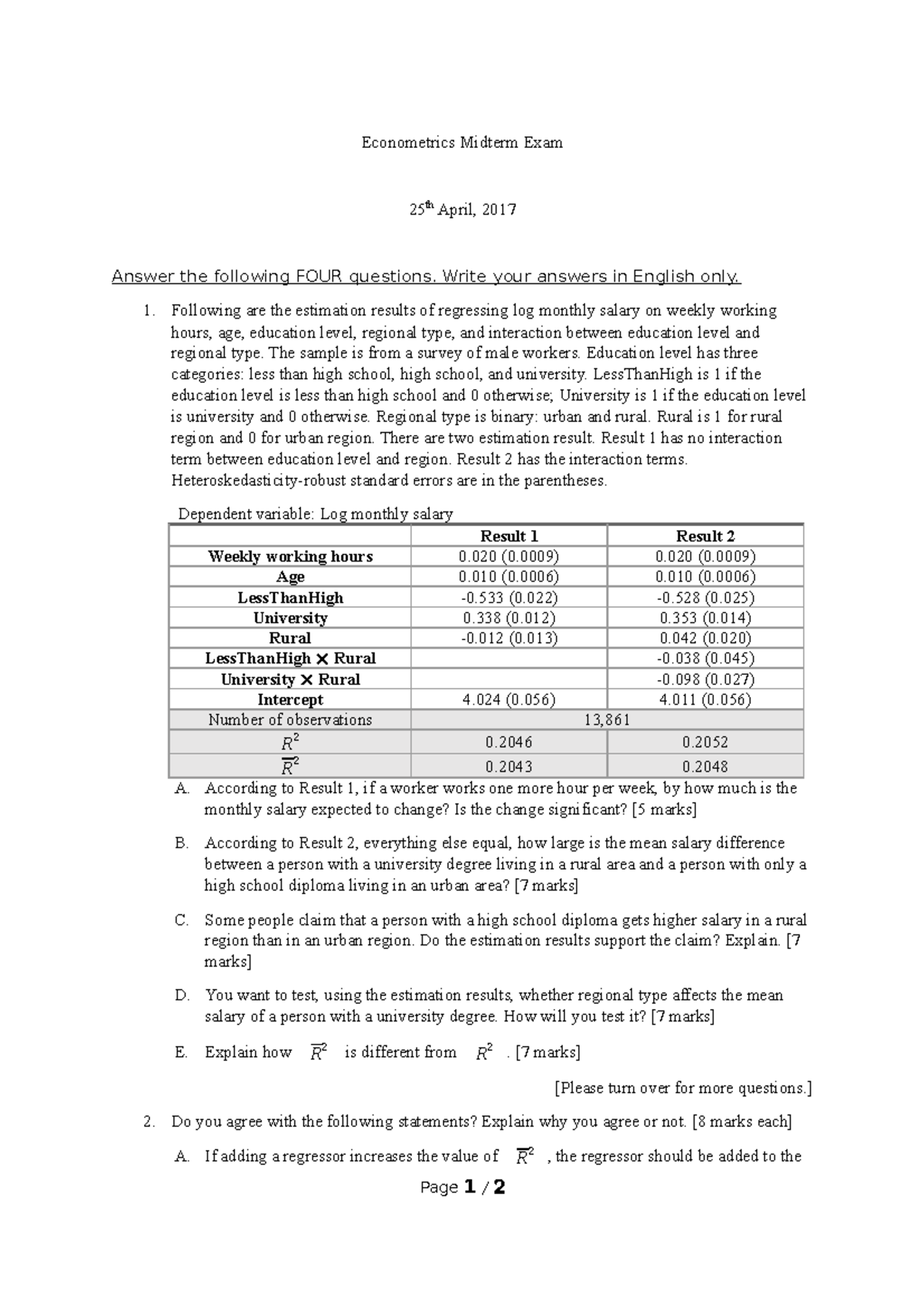 Past Exam Of Econometrics [2017] - Econometrics Midterm Exam 25 Th ...