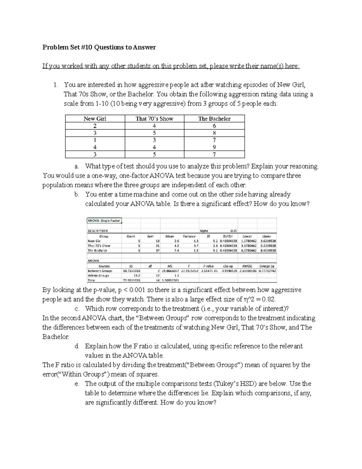 Problem Set #10 - Professor Ditta - Problem Set #10 Questions To Answer ...