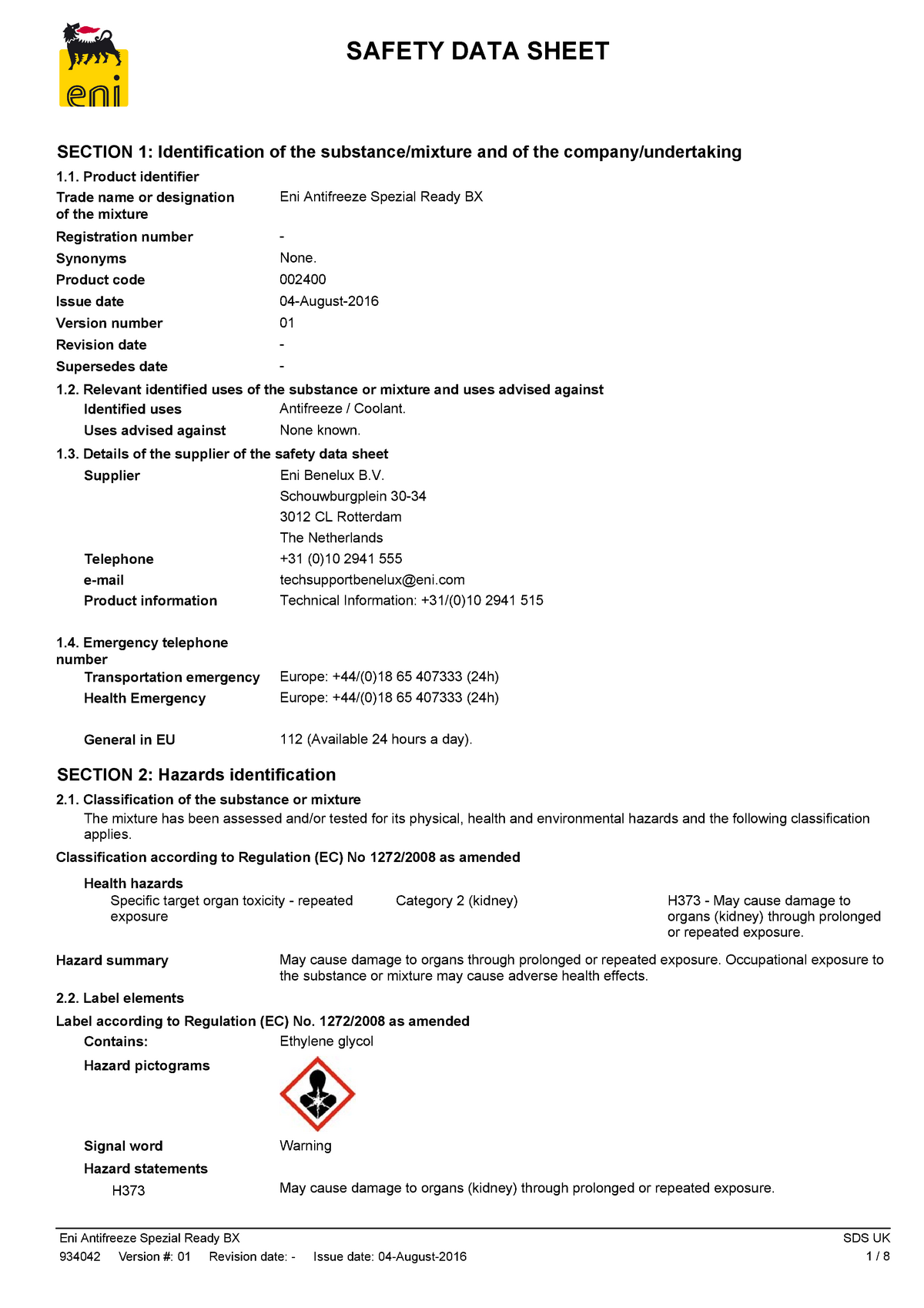 FDS Antifreeze Spezial Ready BX SAFETY DATA SHEET SECTION 1