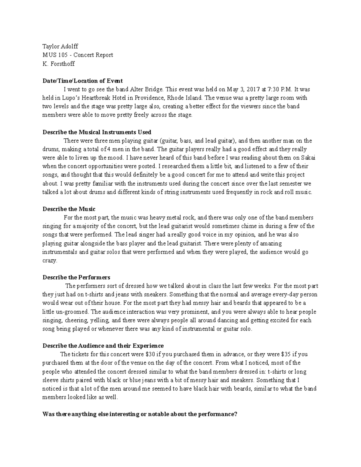 Concert Report - Forsthoff Date/Time/Location of Event I went to go see ...