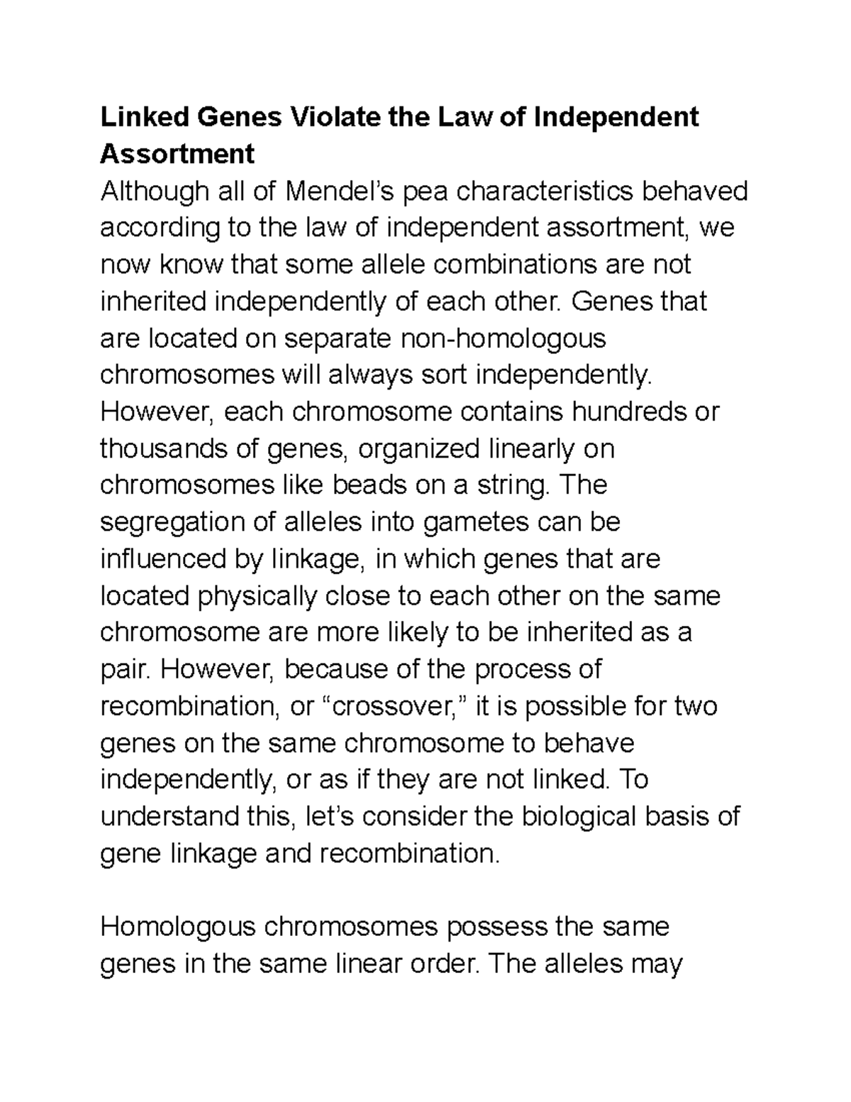 BIOL 1345 Module 10 Laws of Inheritance Linked Genes Violate the Law