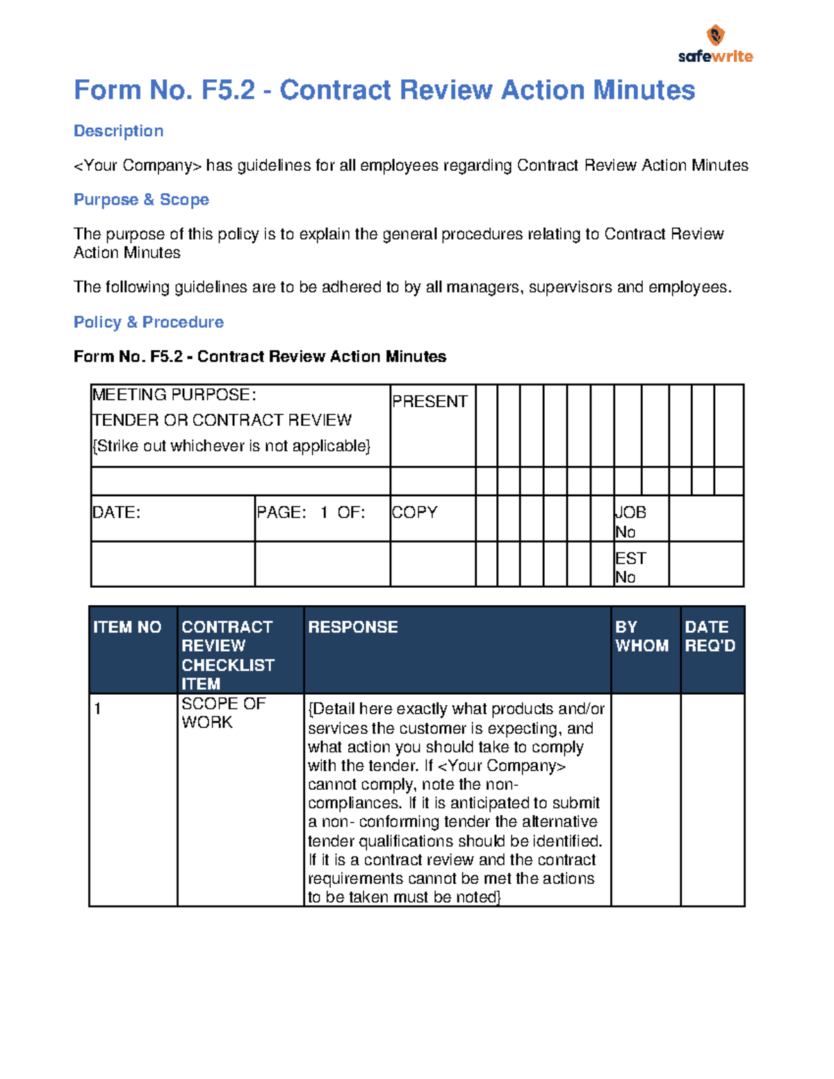 Form-No - brief use template support - Form No. F5 - Contract Review ...