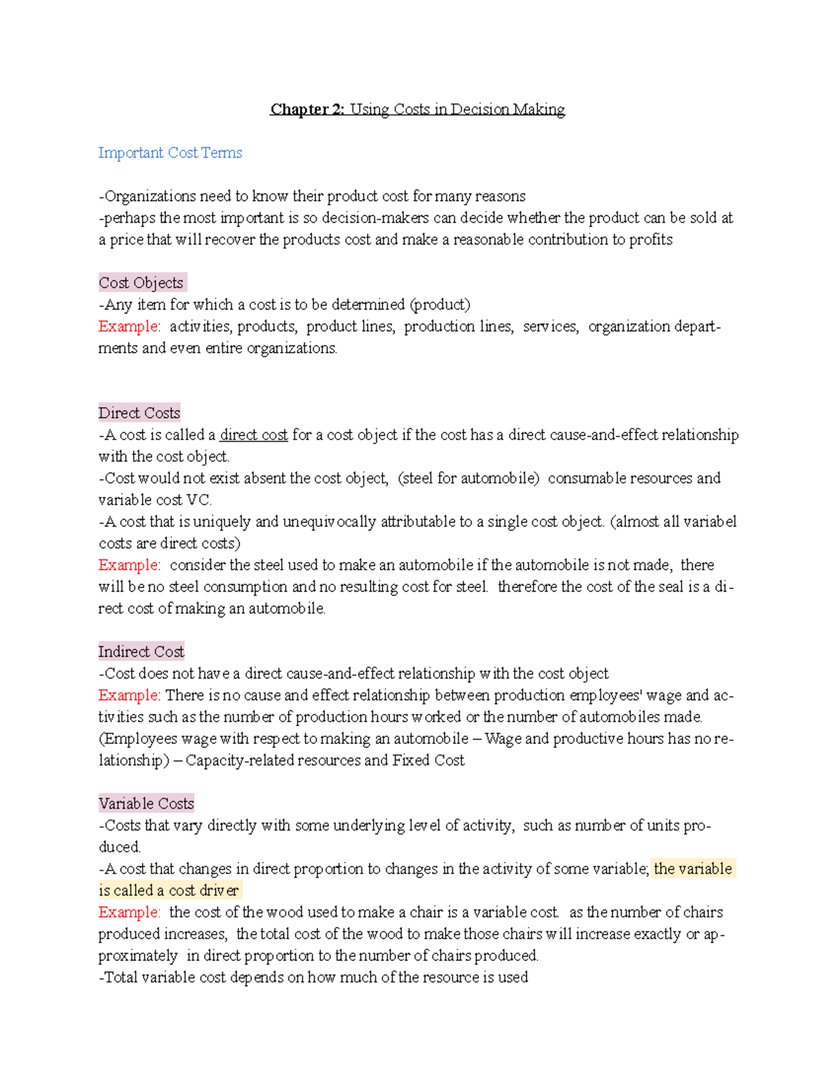 Chapter 2 lecture/textbook notes - Chapter 2: Using Costs in Decision ...