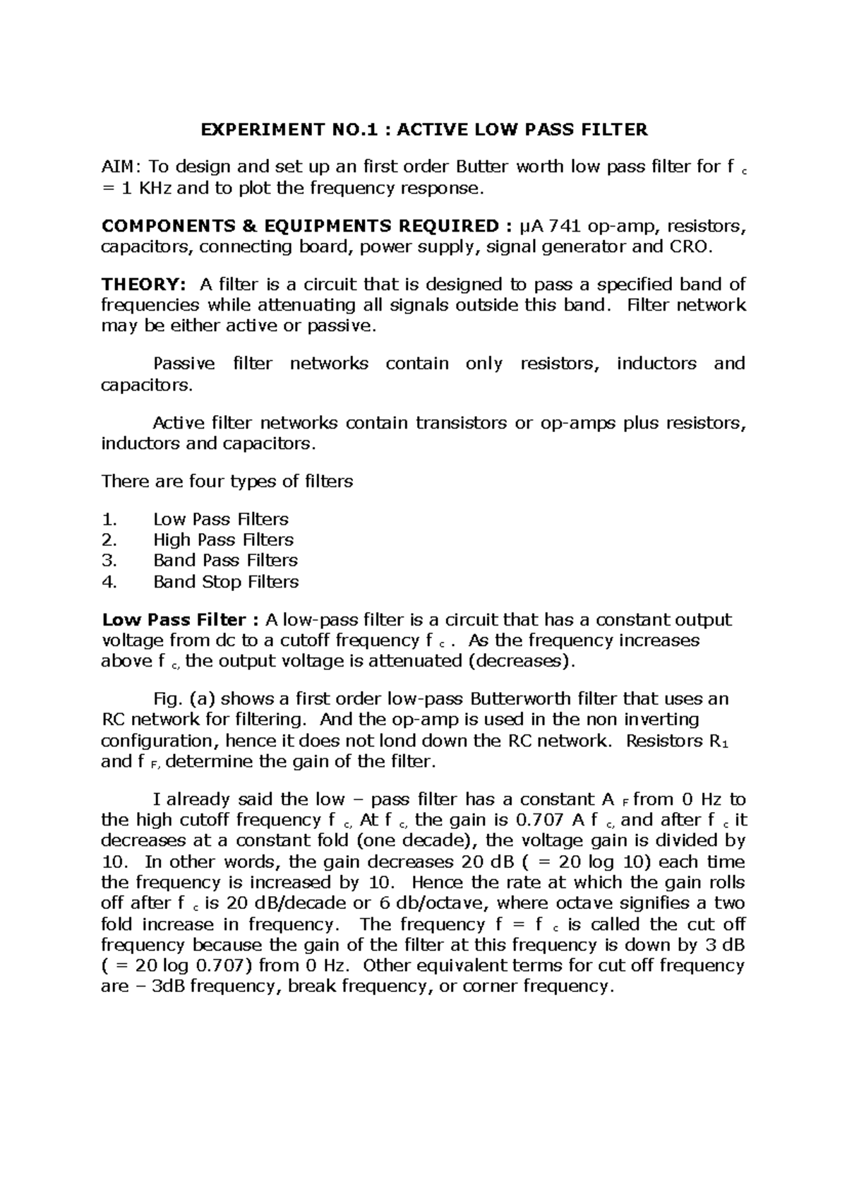 Ac lab manual 2 EXPERIMENT NO ACTIVE LOW PASS FILTER AIM To design