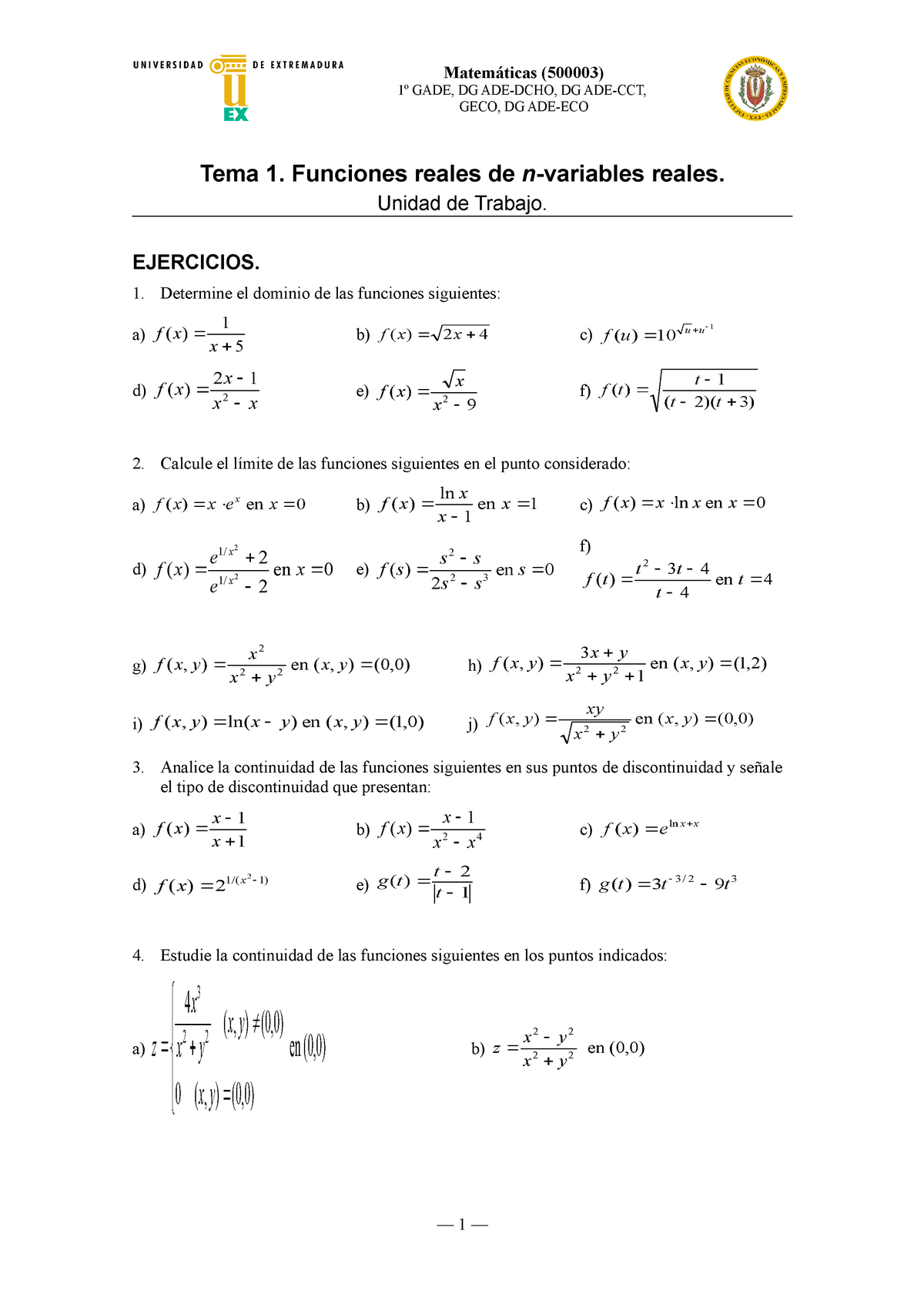 Unidad Ejercicios Tema1 Sin Soluciones - 1º GADE, DG ADE-DCHO, DG ADE ...