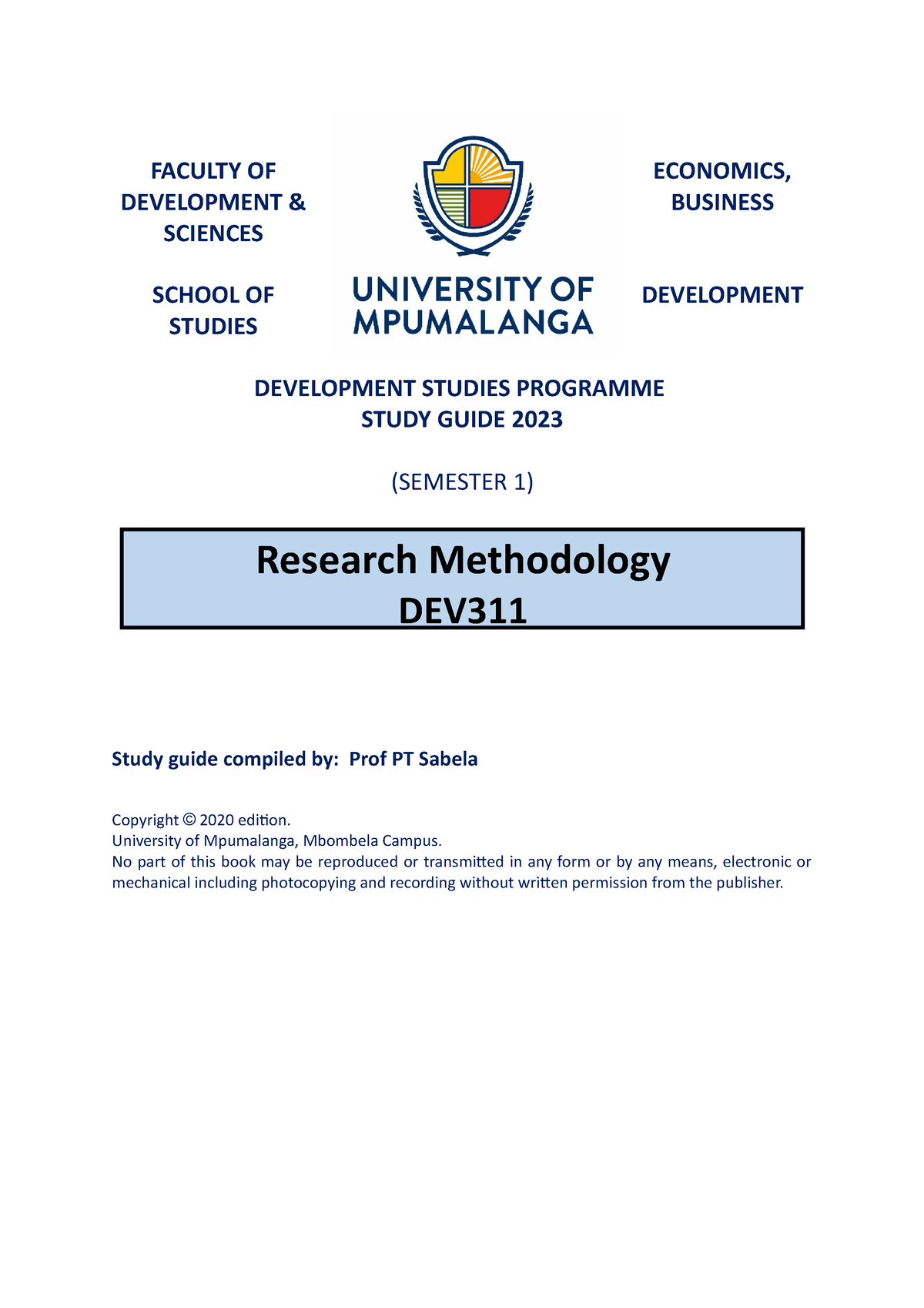 DEV311 Study Guide Template 2023 - FACULTY OF ECONOMICS, DEVELOPMENT ...