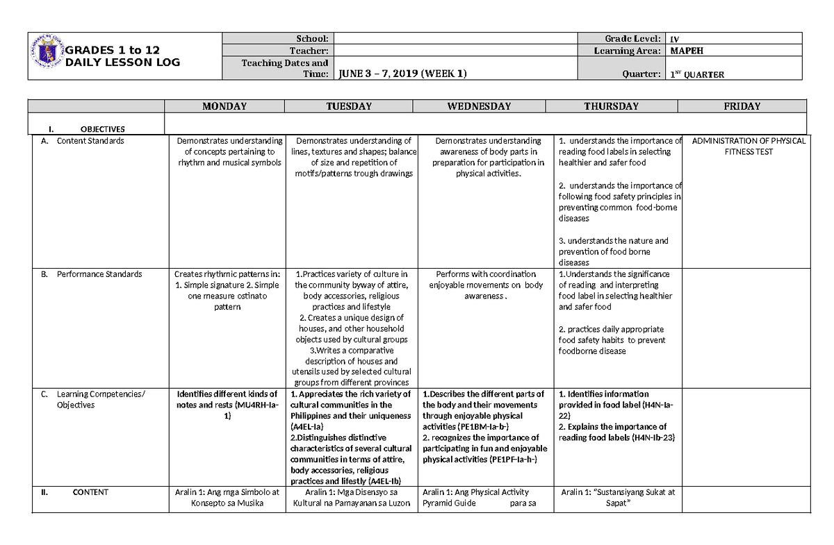 DLL Mapeh 4 Q1 W1 - GRADES 1 to 12 DAILY LESSON LOG School: Grade Level ...