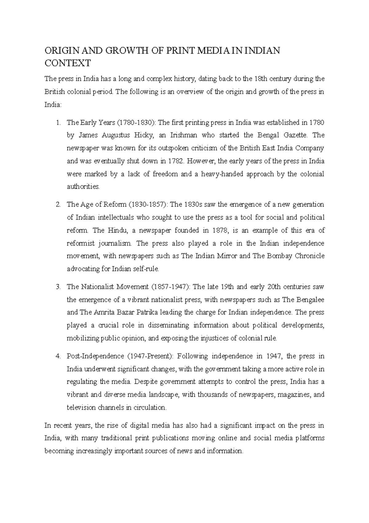 Origin AND Growth of Print India ORIGIN AND GROWTH OF PRINT MEDIA IN