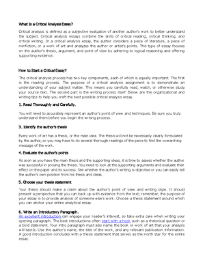 Critical Analysis Handout 3 - I. Introductory Paragraph A. Hook: While ...