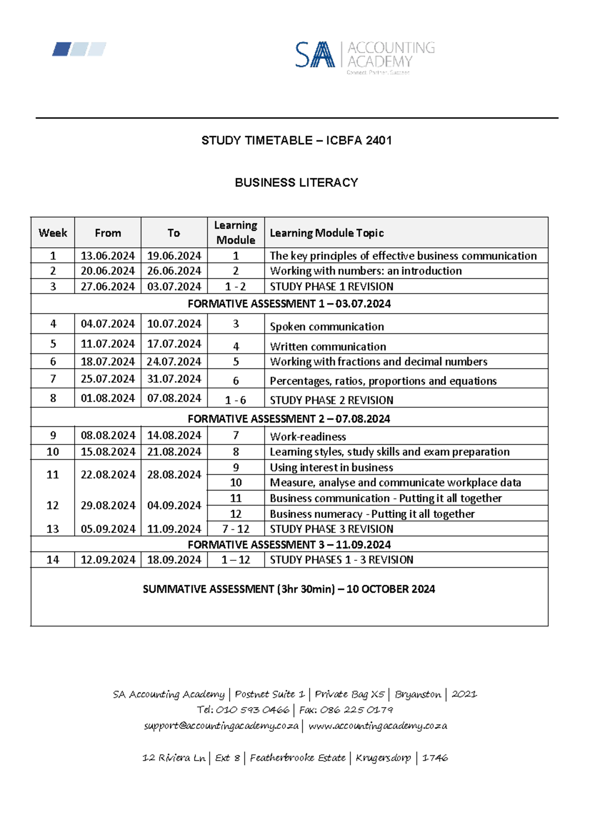 Study Timetable 2401 - SA Accounting Academy | Postnet Suite 1 ...