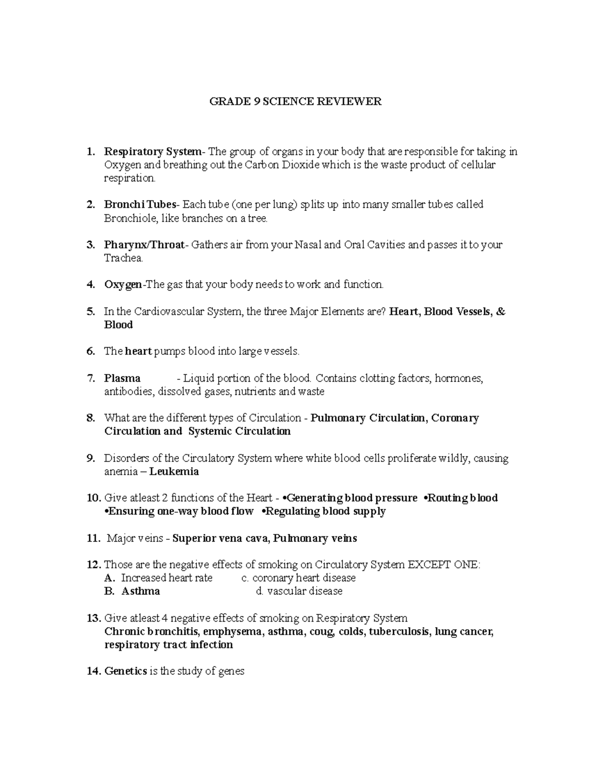 Grade 9 Science Reviewers - GRADE 9 SCIENCE REVIEWER Respiratory System ...
