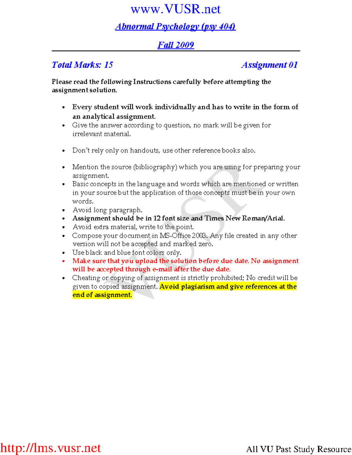 PSY404 Mid 2009 SOL Paper 1-1 - VUSR Abnormal Psychology (psy 404) Fall ...