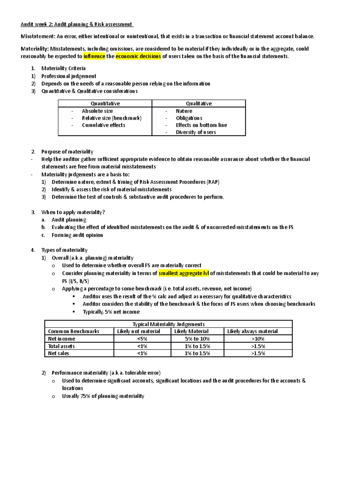 Audit week 2 - Audit planning & assessment - Audit week 2: Audit ...