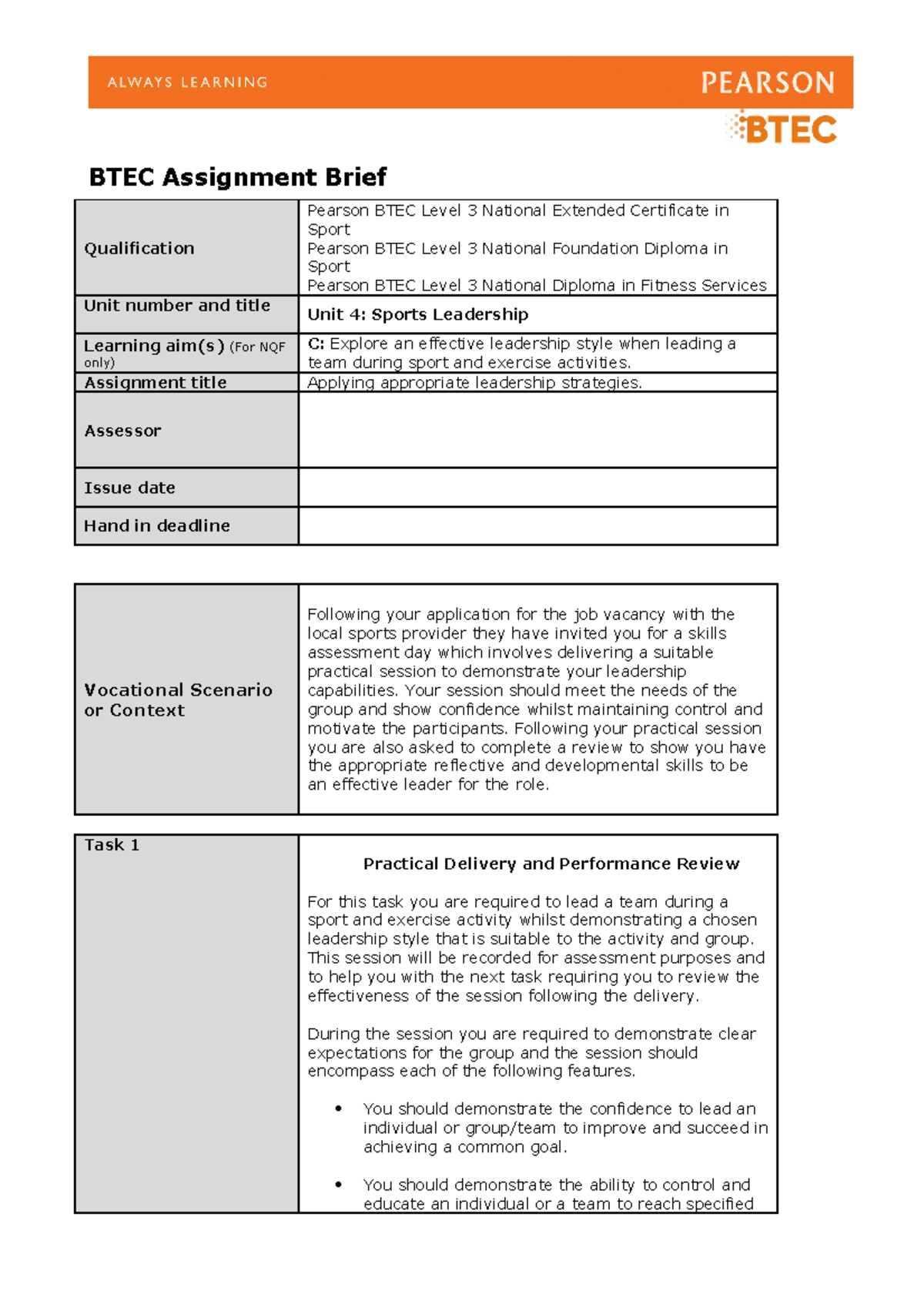 Unit 4 Aim C Brief - BTEC Assignment Brief Qualification Pearson BTEC ...