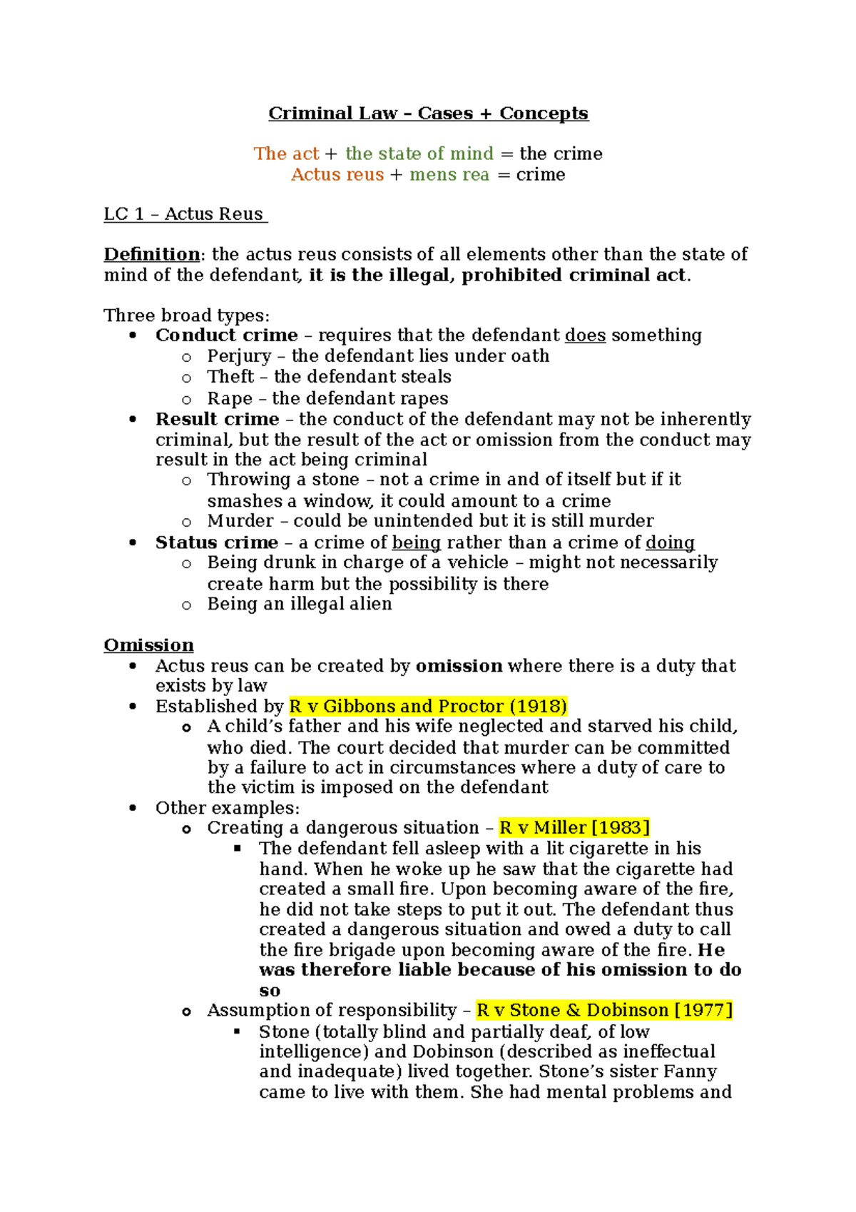 Criminal Notes - Criminal Law – Cases + Concepts The act + the state of ...