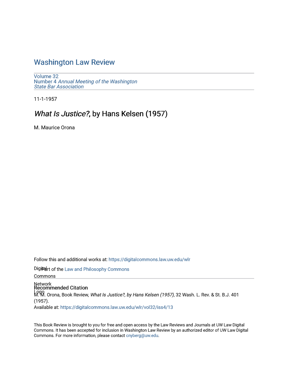 I What Is Justice I By Hans Kelsen 1957 Washington Law Review Washington Law Review Volume 32 Number Annual Meeting Of The Washington State Bar Studocu