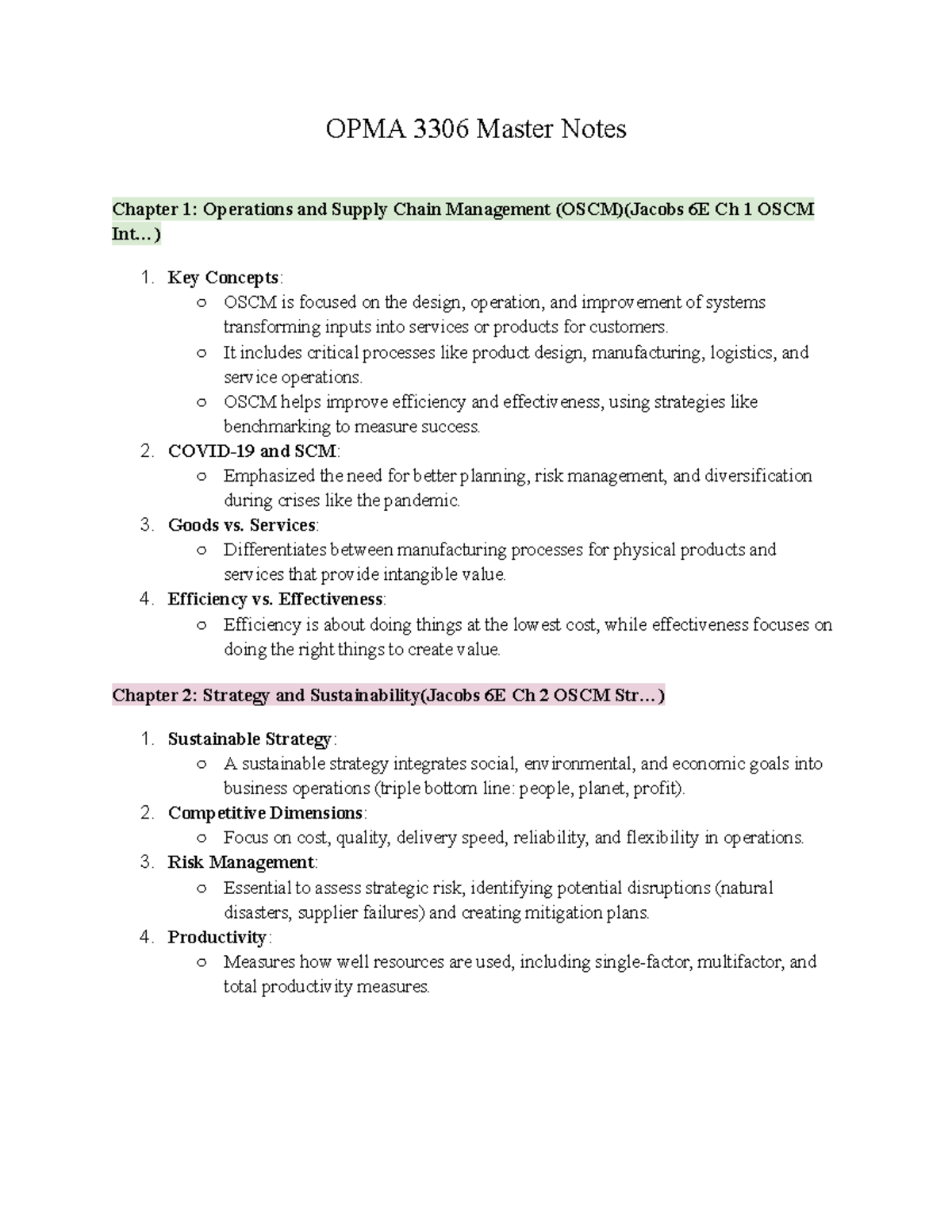 OPMA 3306 Master Notes - OPMA 3306 Master Notes Chapter 1: Operations ...