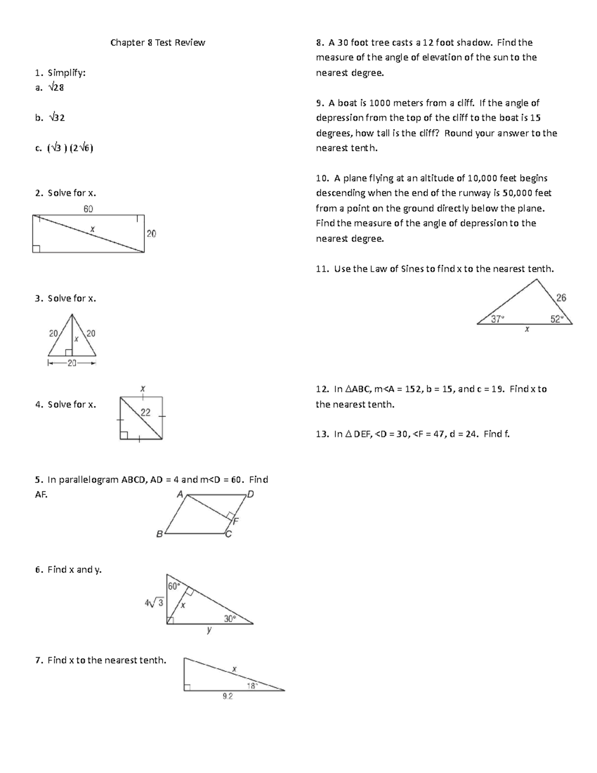 2023 Chapter 8 Test Review Blank - Chapter 8 Test Review Simplify: a. √ ...