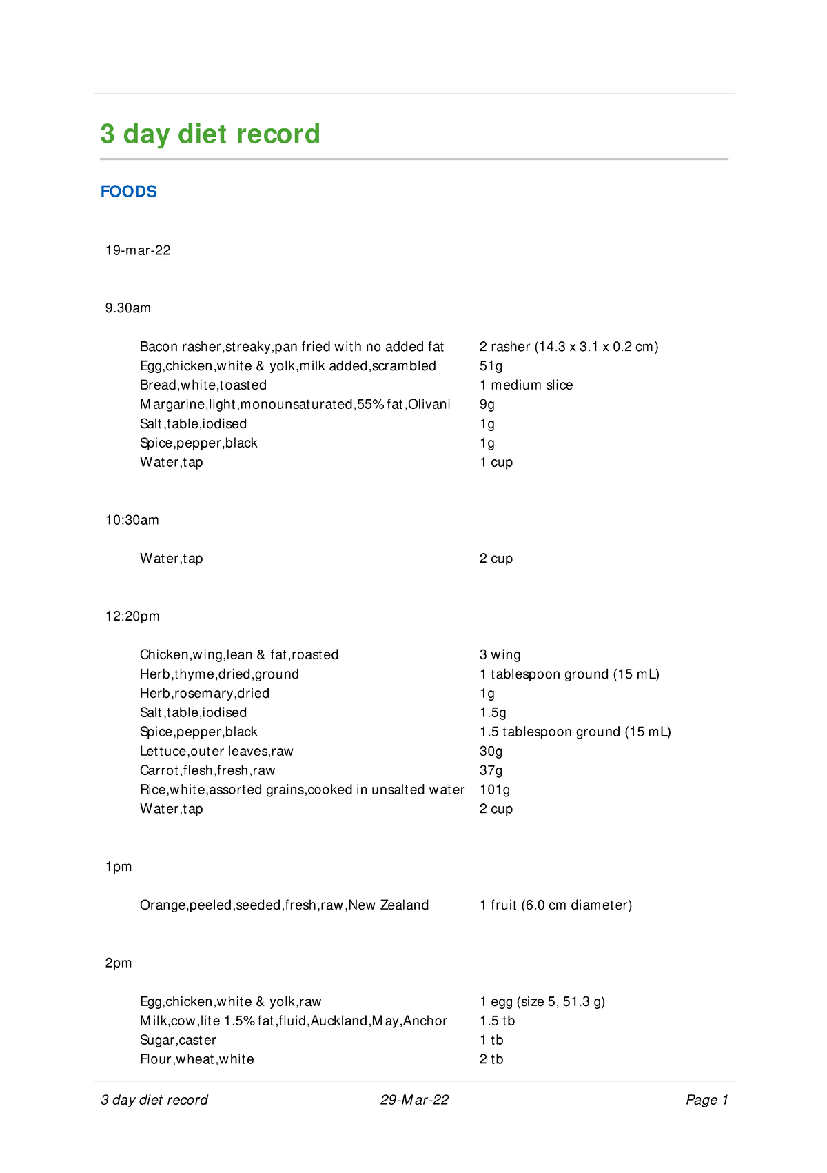 3 Day Diet Record Example