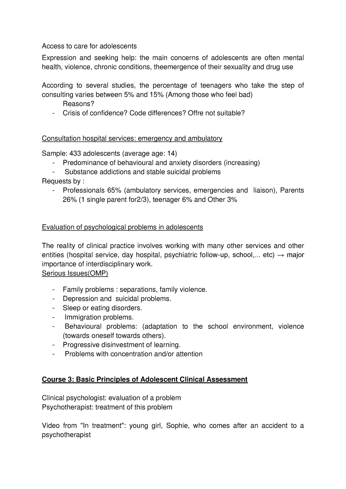 Introduction Clinical Psychology of the Adolescent 3 - Access to care ...