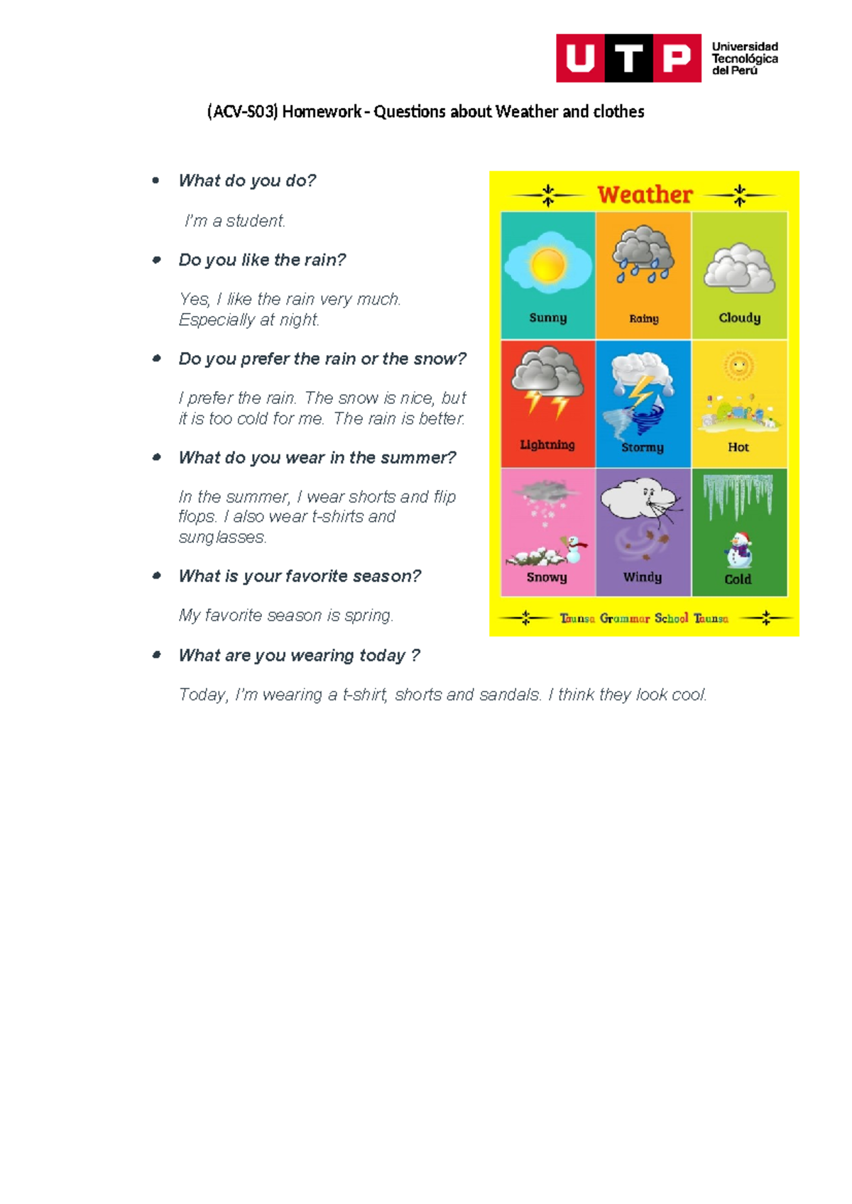 (ACV-S03) Homework - Questions about Weather and clothes - Do you like ...